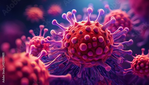 Colorful virus particles with a shallow depth of field