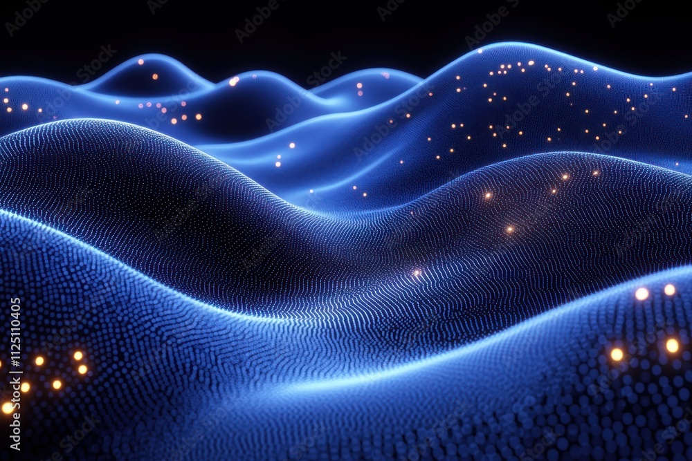Abstract representation of glowing waves with dots, suggesting a digital landscape. Abstract representation of glowing waves with dots, suggesting a digital landscape.