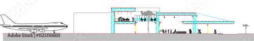 vector sketch illustration of the silhouette of an airport construction architectural engineering design with bourding towards the plane.eps photo