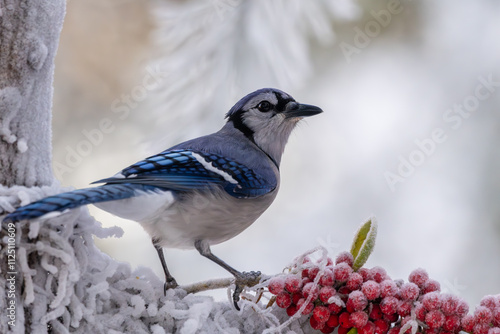 A bluebird perched on a snow-covered branch with red berries photo