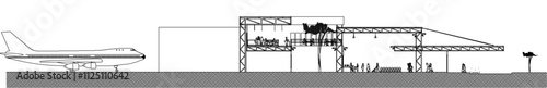 vector sketch illustration of the silhouette of an airport construction architectural engineering design with bourding towards the plane.eps photo