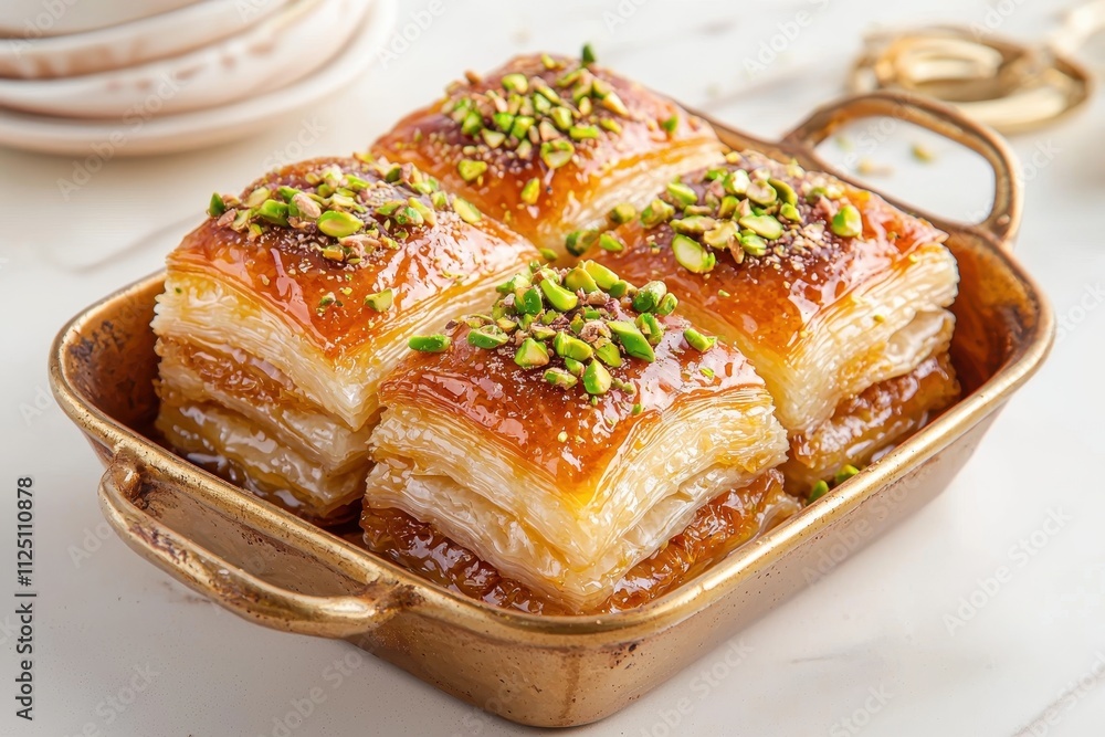 Delicious baklava dessert topped with crushed pistachios served in a golden dish. Delicious baklava dessert topped with crushed pistachios served in a golden dish.