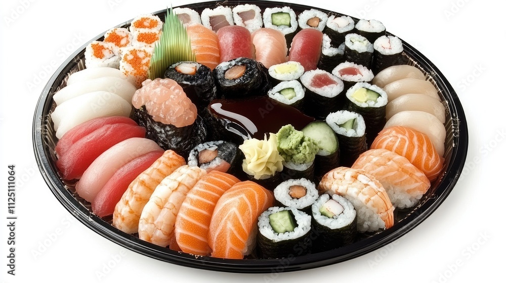 Sushi platter with assorted sashimi, nigiri, and rolls, garnished with wasabi, ginger, and soy sauce, elegant presentation Sushi platter with assorted sashimi, nigiri, and rolls, garnished with wasabi, ginger, and soy sauce, elegant presentation