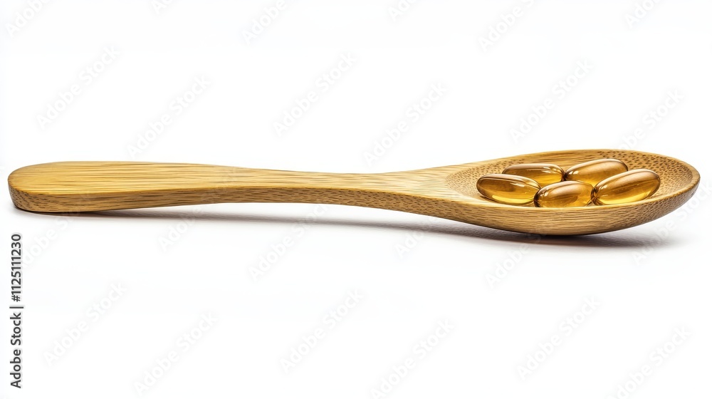 omega 3 pills in wooden spoon isolated on white background. omega 3 pills in wooden spoon isolated on white background.