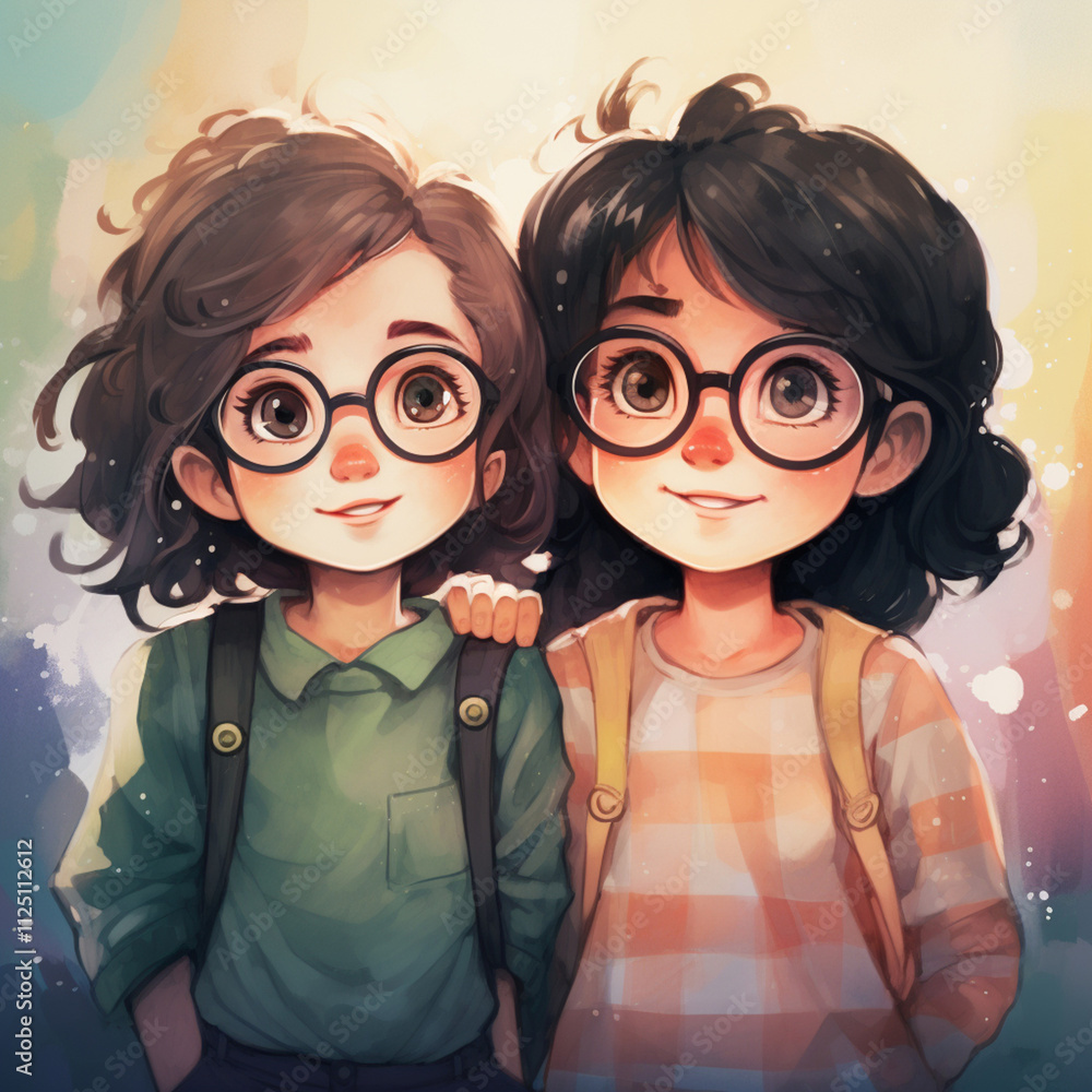 two girls schoolgirls cartoon style,