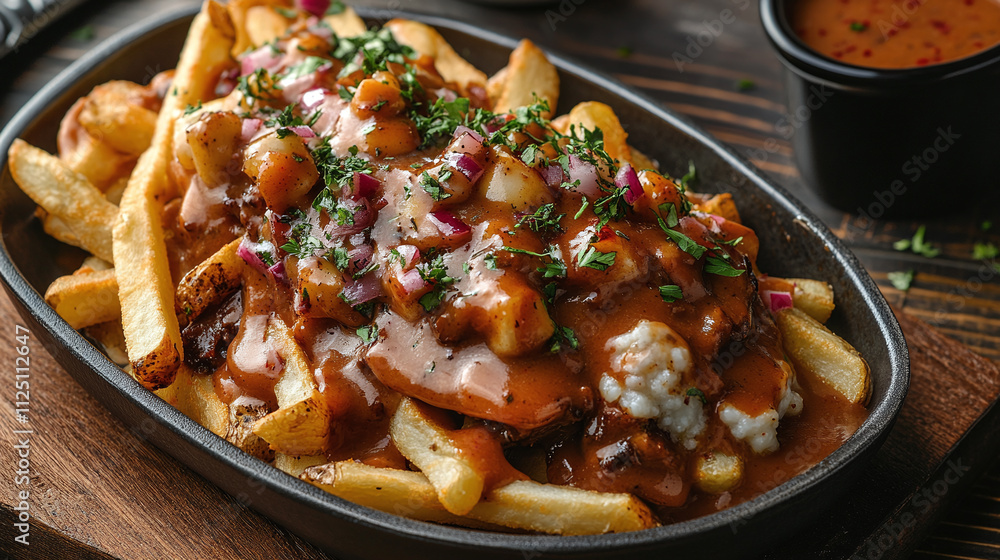 Poutine meal and food closeup with potato french fries quebec and french fast food delicious, traditional curds with gravy crispy sauce. Poutine meal and food closeup with potato french fries quebec and french fast food delicious, traditional curds with gravy crispy sauce.