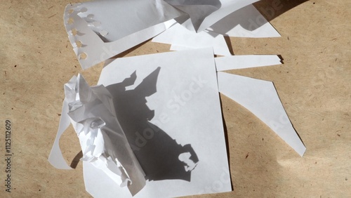 Macro photography of crumpled white sheets flying away from the wind on the background of brown kraft paper