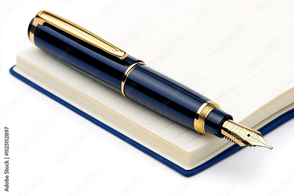 A luxurious ebony fountain pen with a gold nib resting on an open journal with cream-colored pages A luxurious ebony fountain pen with a gold nib resting on an open journal with cream-colored pages