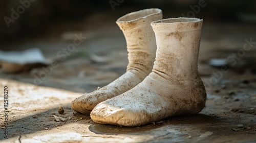 White socks turned dirty, footwear with unpleasant stink smell, used clothing needs washing, old sock shows signs of wear, laundry item reflects textile condition after use. photo