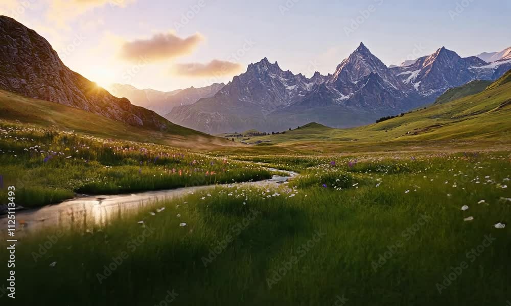 Serene landscape with mountains, flowers, and a gentle stream. Serene landscape with mountains, flowers, and a gentle stream.