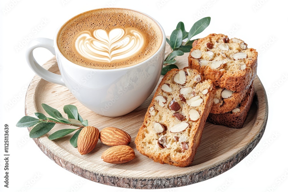 Delicious coffee with latte art accompanied by almond biscotti, perfect for a cozy snack or breakfast. Delicious coffee with latte art accompanied by almond biscotti, perfect for a cozy snack or breakfast.