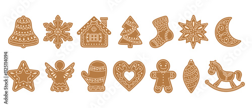 Set of Christmas gingerbread cookies. Winter sweet homemade biscuits in the form of different characters and holiday items Illustration for Christmas and New Year.
