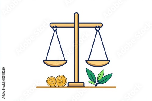 A minimalist depiction of a balance scale with a coin and a plant, representing economic sustainability, drawn in sharp geometric lines photo