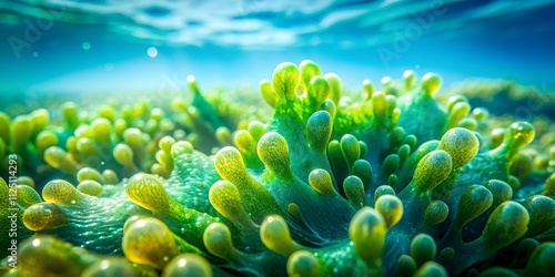 Close-up view of vibrant ocean algae showcasing intricate textures and colors beneath clear water