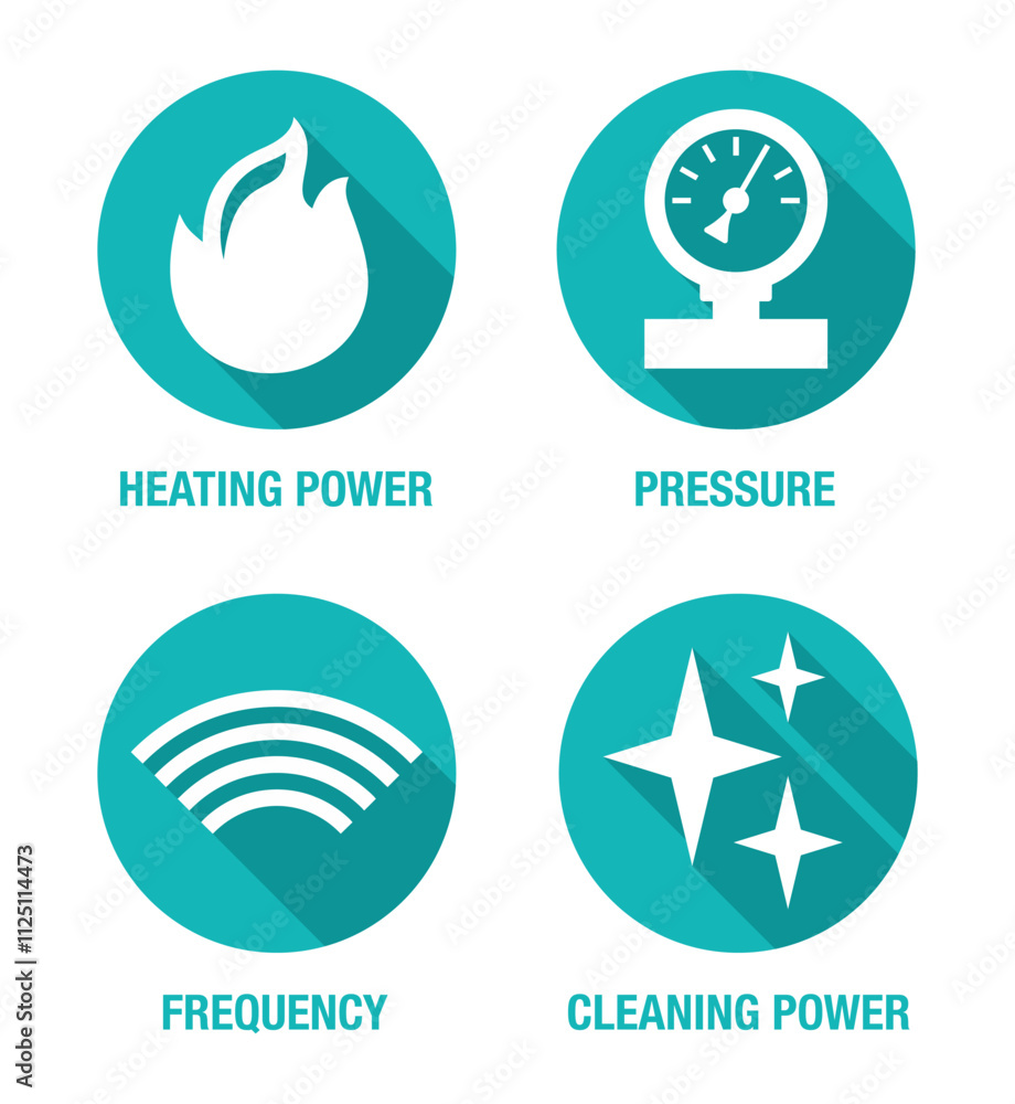 Ultrasonic Cleaner characteristics icons set design with long shadows Ultrasonic Cleaner characteristics icons set design with long shadows