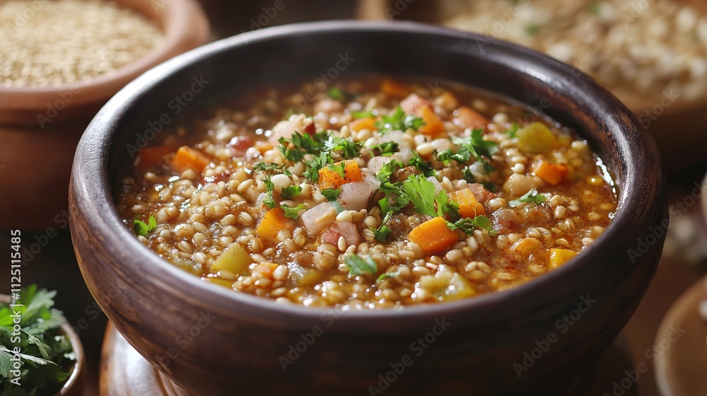 Hearty and Flavorful Vegetable Grain Soup in a Rustic Bowl Hearty and Flavorful Vegetable Grain Soup in a Rustic Bowl