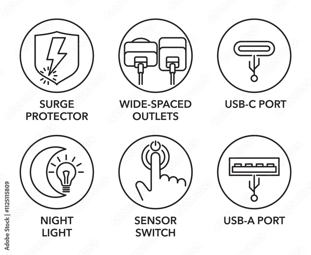 Smart socket extender characteristics icons set in thin line Smart socket extender characteristics icons set in thin line