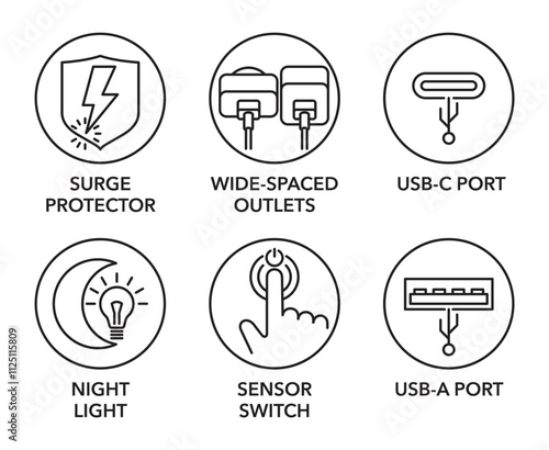 Smart socket extender characteristics icons set in thin line