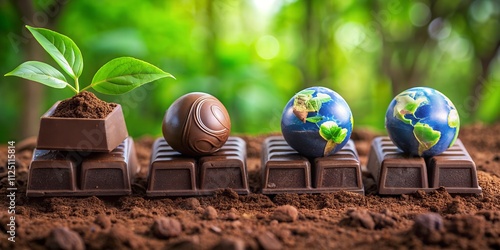 Chocolate pieces arranged with globe decorations on a natural background highlighting environmental themes photo