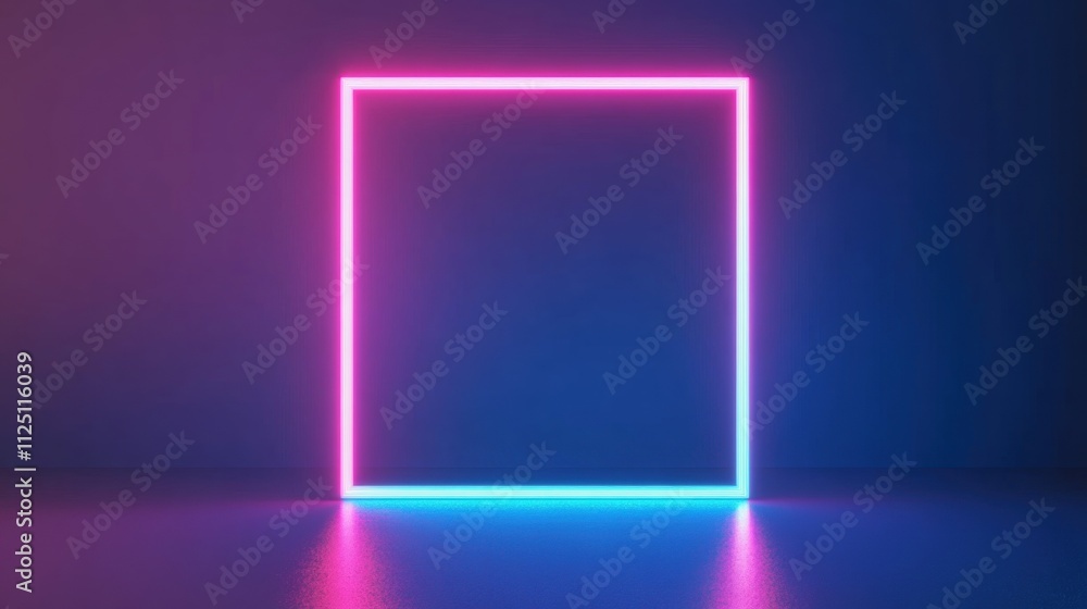 A vibrant neon square frame in pink and blue illuminating a dark space with a reflective floor. A vibrant neon square frame in pink and blue illuminating a dark space with a reflective floor.