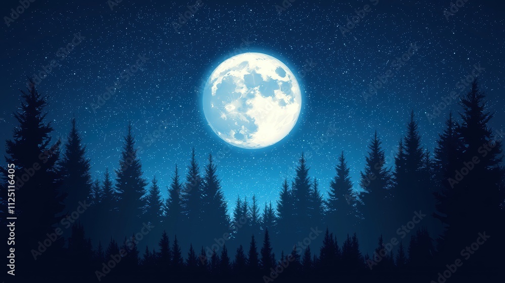 Serene nightscape with full moon over a pine forest Serene nightscape with full moon over a pine forest