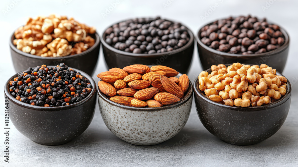 Delicious assortment of nuts and seeds in bowls, including almonds, black beans, and popcorn, perfect for healthy snacking or cooking Delicious assortment of nuts and seeds in bowls, including almonds, black beans, and popcorn, perfect for healthy snacking or cooking