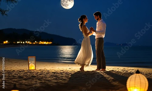 Romantic couple dancing on the beach under a full moon.