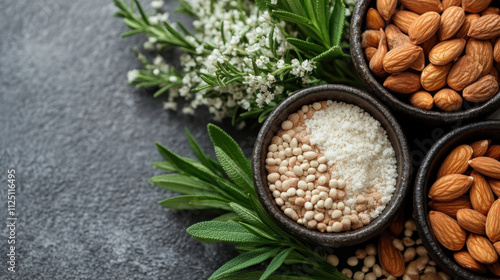 Natural ingredients in bowls with herbs and nuts, showcasing variety of textures and colors. Perfect for healthy cooking and allergy friendly recipes photo