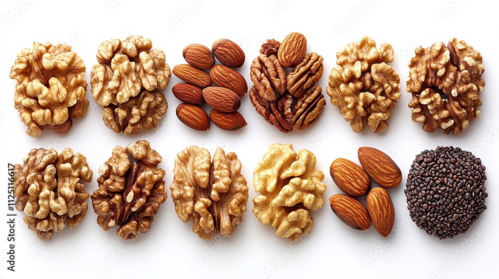 variety of nuts including walnuts, almonds, and pecans arranged on white background, showcasing their unique textures and colors, perfect for healthy snacking variety of nuts including walnuts, almonds, and pecans arranged on white background, showcasing their unique textures and colors, perfect for healthy snacking