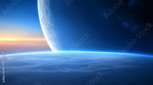 Stunning view of Earth from space with sunrise, showcasing the beauty of our planet. photo