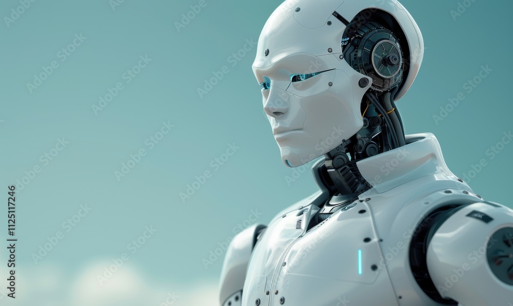 Naklejka premium 未来人工智能人形机器人机械机甲特写