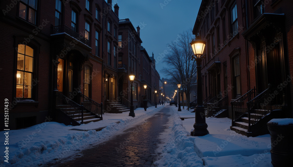 Snowy street with illuminated lamp posts and historic brownstone buildings at dusk Snowy street with illuminated lamp posts and historic brownstone buildings at dusk
