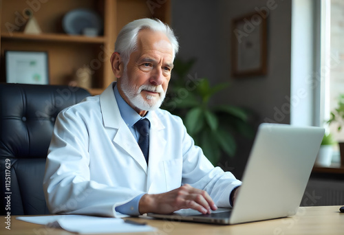 60-Year-Old Male Physician, Working on Virtual Health Solutions in a Modern Office Setting