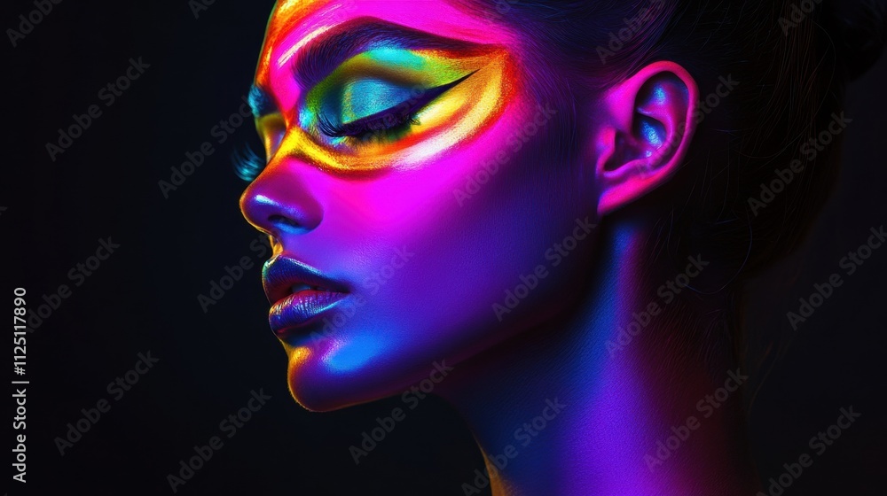 A striking portrait of a young woman with vibrant, neon face paint, showcasing artistic expression and bold colors. A striking portrait of a young woman with vibrant, neon face paint, showcasing artistic expression and bold colors.