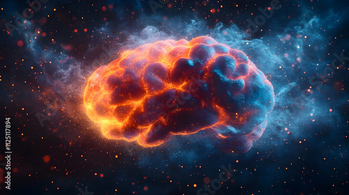 cosmic brain, glowing neurons, fiery synapses, nebula background, space clouds, starry sky, orange and blue energy, abstract mind visualization, galactic intelligence, celestial thinking, neural netwo photo