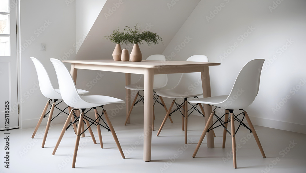 Minimalist interior with a few white chairs and a table combined with light wood Minimalist interior with a few white chairs and a table combined with light wood