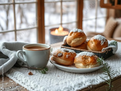 Winter country morning scene with a warm cup of coffee, freshly baked buns, and a cozy wallpaper background, tea, buns photo