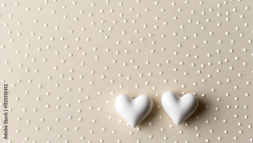 Obraz premium Delicate creamy beige background with two small white hearts.