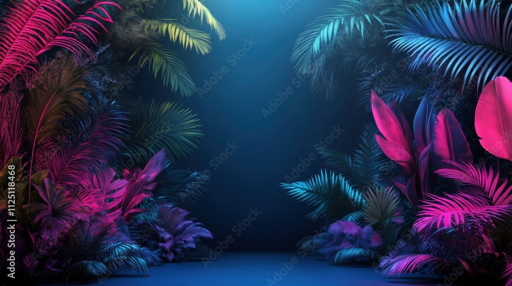 Vibrant tropical foliage in shades of pink and blue creates a captivating backdrop. Vibrant tropical foliage in shades of pink and blue creates a captivating backdrop.