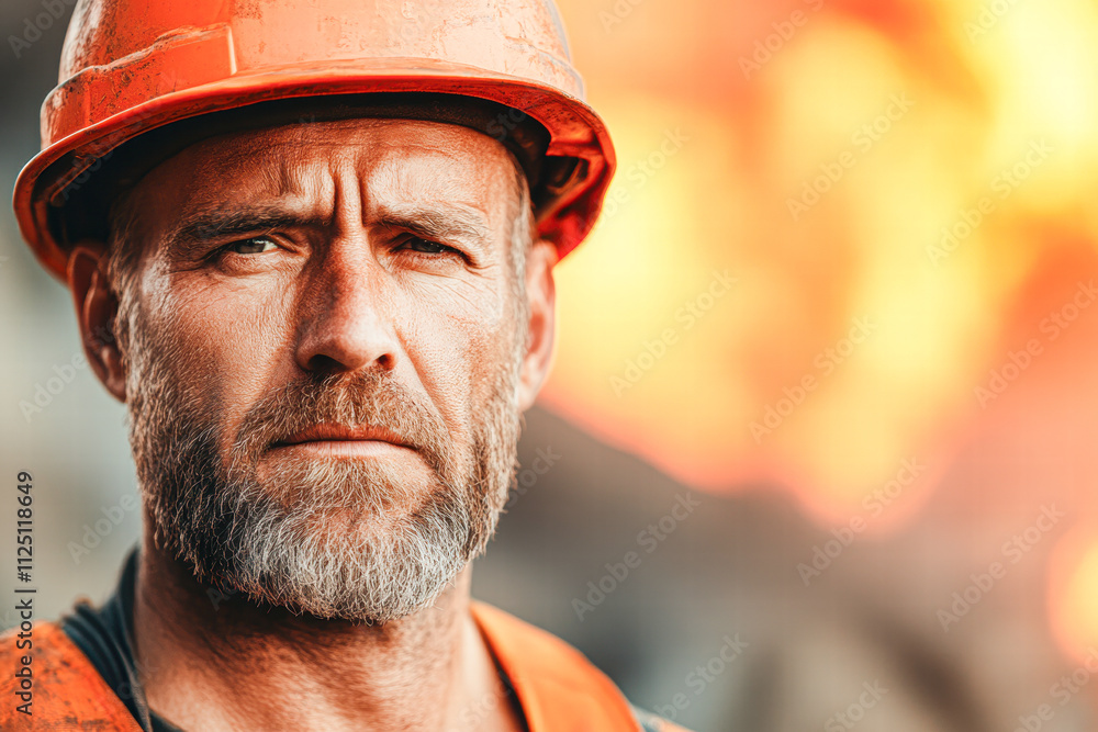 A man wearing an orange hard hat and safety vest is looking at the camera A man wearing an orange hard hat and safety vest is looking at the camera