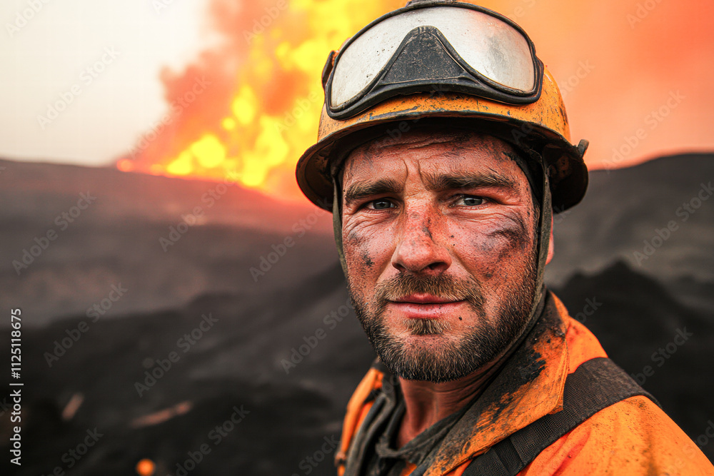 A man in a yellow helmet and orange shirt stands in front of a fire A man in a yellow helmet and orange shirt stands in front of a fire