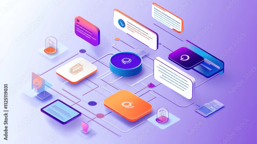 Isometric illustration of interconnected communication network with messages, devices, and data flow. Isometric illustration of interconnected communication network with messages, devices, and data flow.