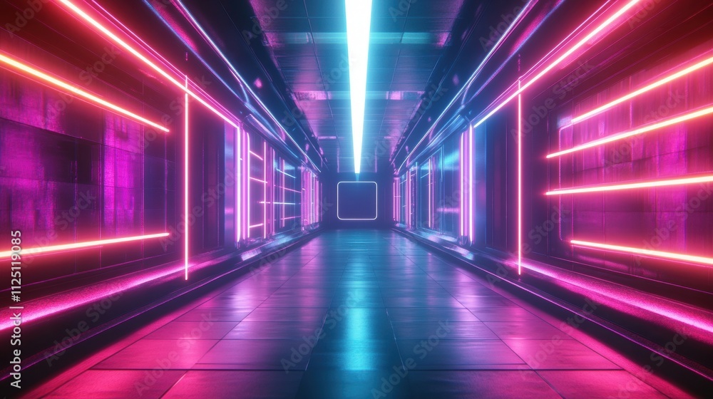 A vibrant corridor with neon lights in shades of pink and blue, creating a futuristic atmosphere. A vibrant corridor with neon lights in shades of pink and blue, creating a futuristic atmosphere.
