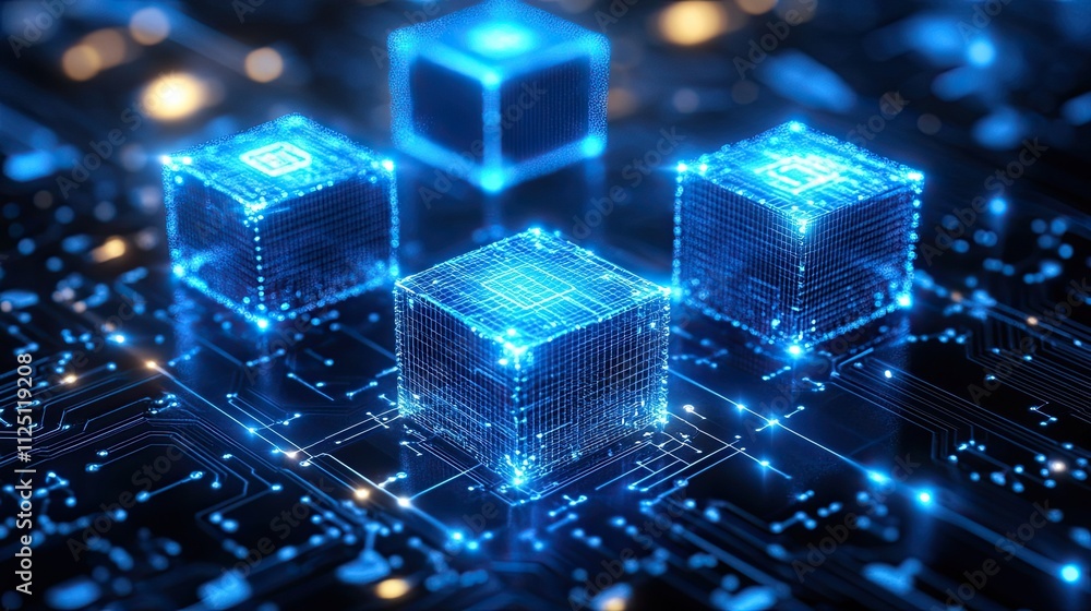On a circuit board background, glowing blue cubes connected by lines stand in for information or data On a circuit board background, glowing blue cubes connected by lines stand in for information or data