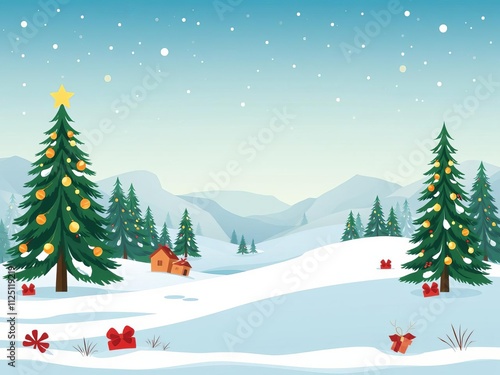 Winter landscape featuring snow-covered trees, a cozy cabin, and a starry night sky in flat style perfect for social media posts, banners, and invitations, vector, poster photo