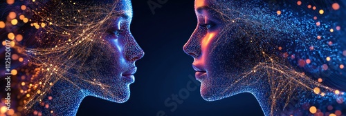 Two digital faces facing each other in dots of light.