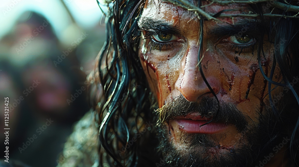 Jesus with a crown of thorns on his head, a biblican scene. Jesus with a crown of thorns on his head, a biblican scene.