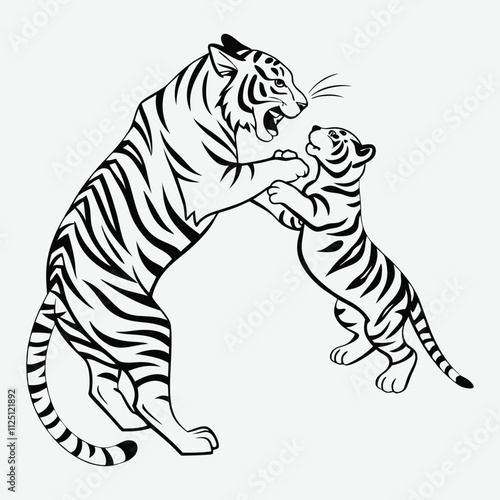 two-tiger-calf playing  silhouette illustration and artwork