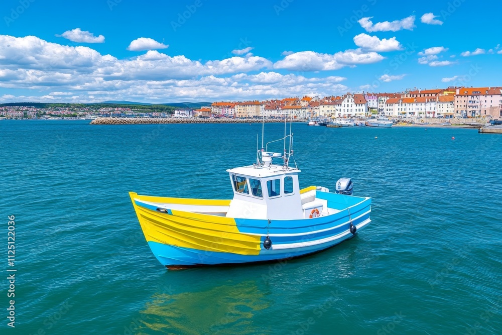 A serene photo of a fishing boat returning to the harbor with a haul, emphasizing the maritime economy A serene photo of a fishing boat returning to the harbor with a haul, emphasizing the maritime economy