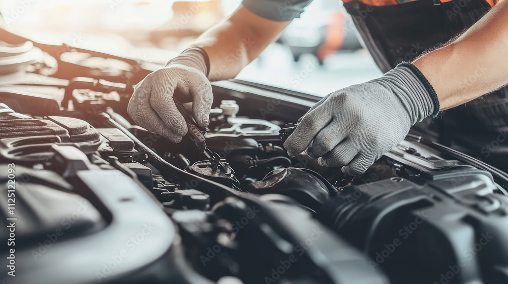 Mechanic checks inside of a car engine, wearing gray gloves. Mechanic checks inside of a car engine, wearing gray gloves.